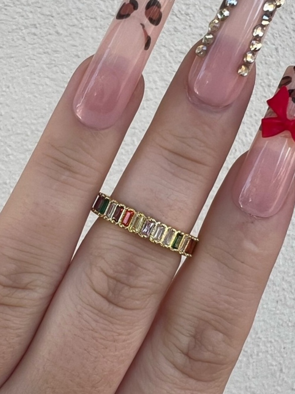 Gold Toned Non Tarnish Rainbow Stone Band Ring - OS